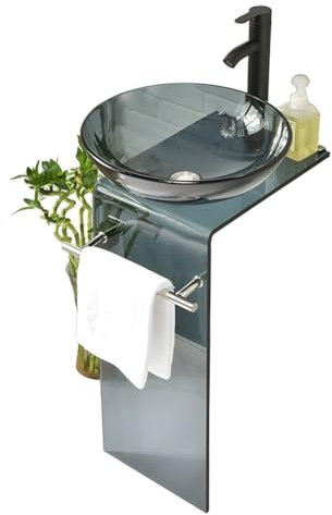 Zfmnoyev Modernes Standwaschbecken Aus Gehärtetem Glas, Wandmontiertes Aufsatzwaschbecken, Badezimmerwaschbecken Mit Wasserhahn, Für Esszimmer, Küche, Bar(Gray-A)