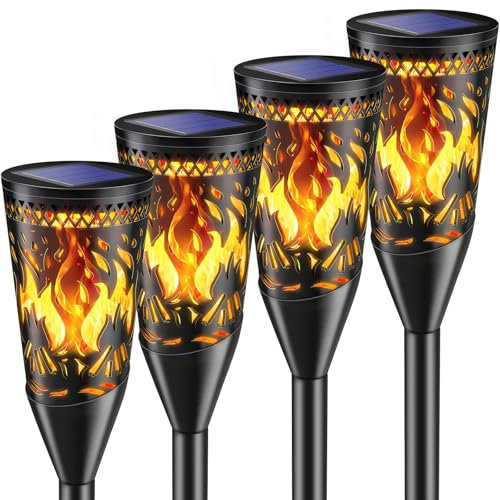 FIFlying Luci Solari da Giardino, 4 Pezzi 12LED, Luci Solari da Esterno con Effetto Fiamma Realistico, IP65 Impermeabile, Lampada Solare a Fiamma per Giardino, Patio, Prato, Terrazza, Sentiero, Aiuola