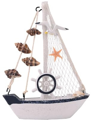 TAIYOU Little Boat Ornaments Mini Sailboat Decor Mediterranean Style Table Ornament Wooden Miniature Sailing Boat Model with Nets Conch Seagulls Starfish Rudder for Office Weddings Home Decor