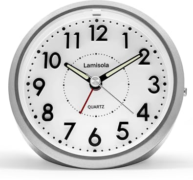 Lamisola 4 Inch Analog Battery Travel Alarm Clocks for Bedrooms, Small Desk Clock, Alarm Clocks for Bedrooms Bathroom Kithchen Home Office, Old School Bedside Table Nightstand Clock Decor, Silver