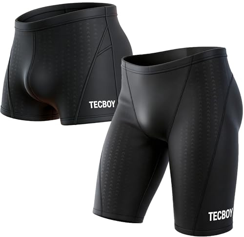 TECBOY 2-Pack Swim Jammers for Men and Compression Mens Square Leg Swimsuit Athletic Swimwear Jammer Youth Endurance Pant Tech Bathing Suit Shorts Swimming Briefs for Racing Training Black Size 30 M