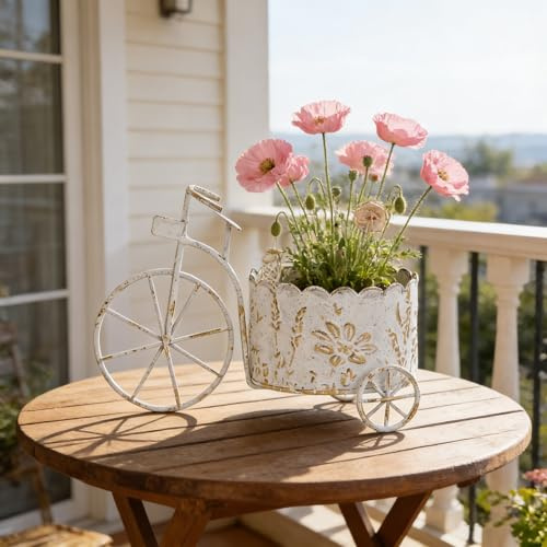 Vintage Bicycle Planter - Rustic Distressed White Metal Wheelbarrow Flower Pot with Embossed Floral Design, Decorative Indoor Outdoor Bicycle Plant Stand for Succulents Herbs Small Plants (White)