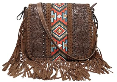 CORIOS Estilo Boho Bolso de Bandolera Bolso de Hombro con Flecos para Mujer Retro Bolso de Mano con Borlas Tote con Estampado Floral Étnico Cuero PU Bolso Cruzado Bolso Playa Diseño Tejido