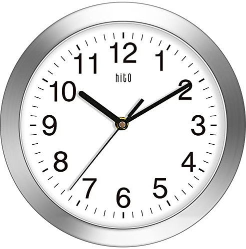 HITO 10 Inch Silent Wall Clock Battery Operated Non Ticking Glass Cover Silver Aluminum Frame, for Kitchen, Bedroom, Home Office, Living Room Decor