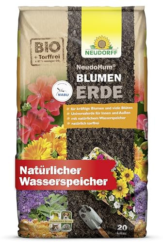 Neudorff NeudoHum BlumenErde – Torffreie Bio Erde, für Innen und Außen, fördert kräftige Blumen und viele Blüten, 20 Liter