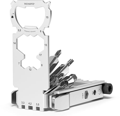 RICHARTZ BIKETOOL 32+ | Multitool Fahrrad aus Edelstahl | 32-in-1 Fahrrad Werkzeugset mit Kettennieter | Reifenheber & Co. | Kompaktes Multitool Designed in Deutschland | Bike Tool