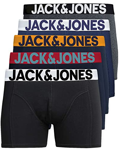 JACK & JONES 12204864 - Calzoncillos tipo bóxer para hombre, juego de 5 unidades, color blanco, negro, azul y gris, M
