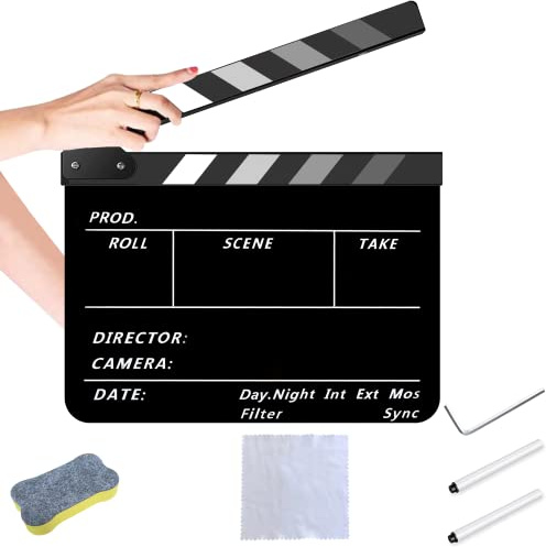 Ciak Cinematografico, 30x25cm Film Clapboard con Kit in Omaggio, Acrilico Film Clapperboard e Penna, Cinema Gadget, Accessori Regista, Cinematografico per Programmi TV, Vlog(Nero e grigio)