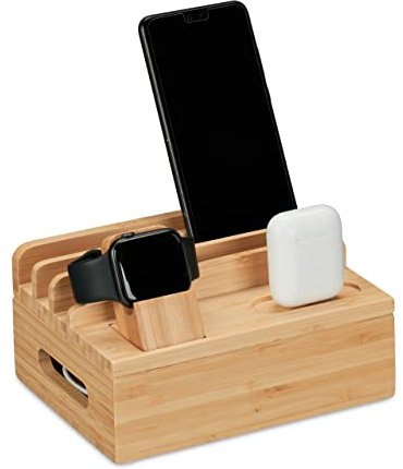 Relaxdays Stazione di Ricarica Multipla, Docking Station bambù, Apple Watch, Smartphone, AirPods, 11x17x13 cm, Naturale