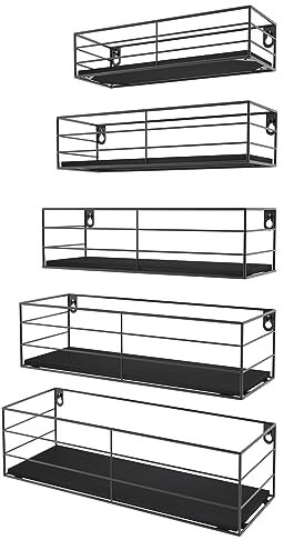 EYMPEU Wandregal 5er Set, Schweberegal mit klassischem schwarzen Holzbrett und schwarzem Metall für Küche, Badezimmer, Wohnzimmer und Büro