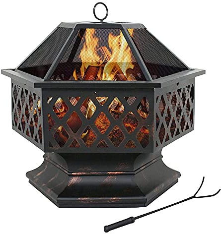 Foyer Hexagonal en Acier avec étagère pour Barbecue, brasero extérieur en métal avec tisonnier et Pare-étincelles, Bol à feu de Joie
