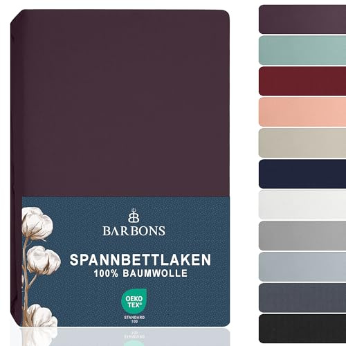 BARBONS Spannbettlaken 90x200cm - 100% Baumwolle Spannbetttuch Oeko-TEX Zertifiziert Bettlaken Jersey Bettwaren und Bettbezug für Boxspringbett und Dicke Matratzen bis 27 cm - Aubergine 90 x 200