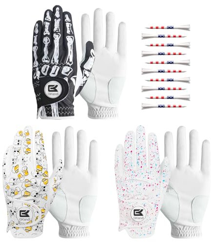 GKandi Golf Gloves Men Right Handed Golfer Left Hand Value 3 Pack with Ball Marker and 10 USA Flag Tees 3 1/4 Inch Leather Mens Golfing Glove (Black+White+Beer, Medium/Large (Worn On Left Hand))