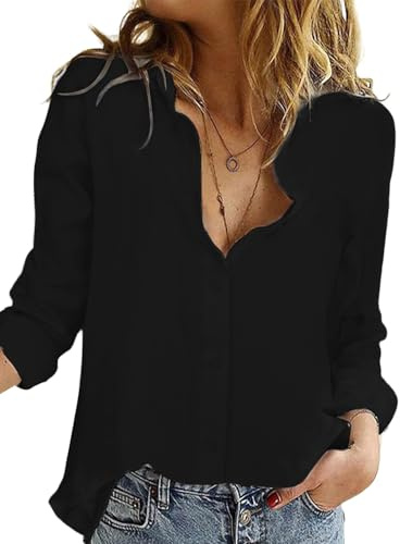 Friptspyg Blusa de Muselina Camisa Casual de Manga Larga 100% Algodón para Mujer con Corte en V Blusa de Manga Enrollada con Botones, Negro XL