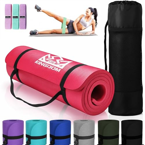 Kingdom Fitness 10mm Extra Thick Yoga Mat Set | NBR Non-Slip Exercise Mat, Carry Bag, Strap & Resistance Band (Bright Pink, 10mm)