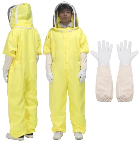 QUARKZMAN Imkeranzug für Männer und Frauen l Imkeranzug Outfit mit Handschuhen und Schleierhaube (Jacke, Hose, Handschuhe) Imkeranzüge für erwachsene Hobby-Imker, Gelb