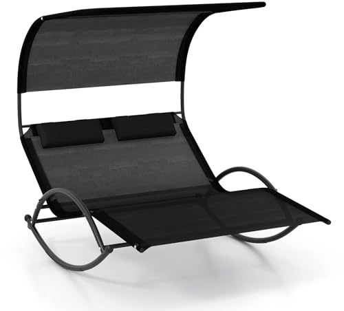 GIANTEX Sonnenliege, Doppel-Schaukelstuhl mit Dach & Kopfkissen, Outdoor Doppelliege Gartenliege, Relaxliege für 2 Personen, maximale Belastung 300kg (Schwarz)