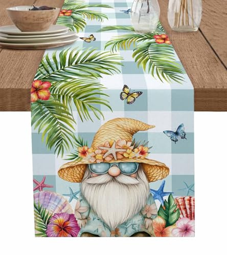 Table Runner 16x72 Inches Long - Summer Palm Tree Gnomes Kitchen Dining Table Decoration, Dwarf Shell on Green Plaid Washable Linen Dresser Scarf for Holiday/Party/Wedding/Home