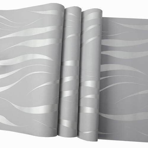 Pamatio Tapete Silbergrau Vliestapete 3D Schimmerndes Wellenstreifenmuster Wanddekoration für Wohnzimmer, Schlafzimmer, Flure und Büros 0,53 Meter x 9,5 Meter