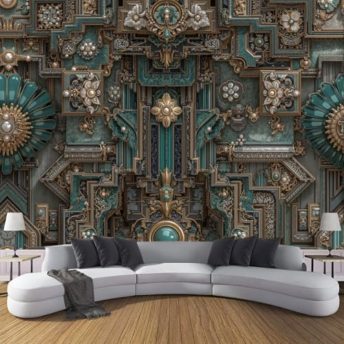 Papel Tapiz Fotográfico 3D Metal Líneas Papel Pintado Panorámico, Retro Floral Tejido No Tejido Murales Decoración Pared Moderna para Salón, Oficina Bronce 450×315cm