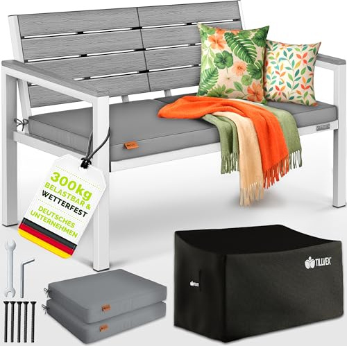 tillvex® Gartenbank Wetterfest 3-4 Sitzer mit Abdeckung & Kissen | Parkbank in Holzoptik bis 300kg belastbar UV-beständig | Sitzbank Garten Terrasse Balkon mit waschbarem Bezug