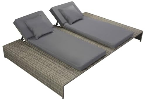YUTAASU Double Sun Lounger Grey PE Rattan with Adjustable Backrest and Water-Resistant Cushions for Patio Poolside Outdoor Relaxation Comfort