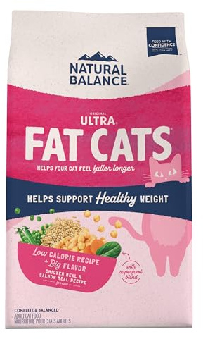 Natural Balance Fat Cats Low-Calorie Dry Cat Food for Overweight Adult Cats, Chicken Meal, Salmon Meal, Garbanzo Beans, Peas & Oat Groats Recipe, 15 Pound (Pack of 1)