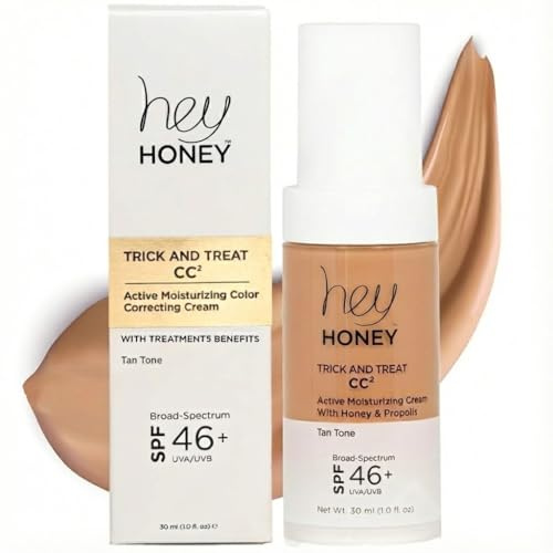 Hey Honey Trick and Treat CC² Cream SPF 46 | Active Moisturizing Color Correcting Cream with Honey & Propolis | Best Cover For Rosacea, Skin Redness & Mature Skin | 1 oz (Tan Tone)