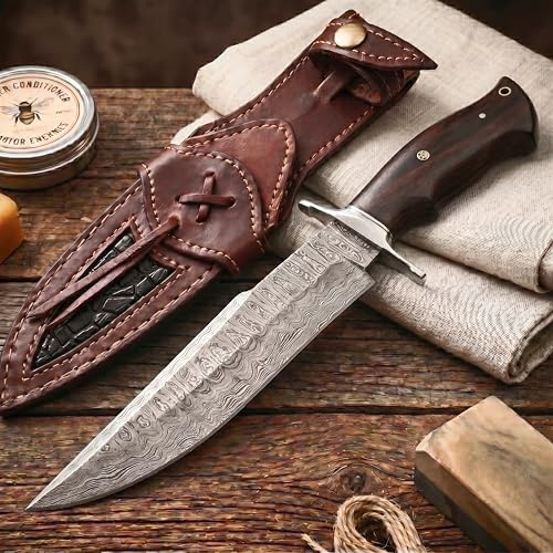 BIGCAT ROAR Raptor - Coltello da Caccia Artigianale in Acciaio Damasco 33 5 cm - Manico in Legno di Noce e Fodero in Cuoio - Bushcraft Campeggio Sopravvivenza - Regalo Uomo Cacciatore