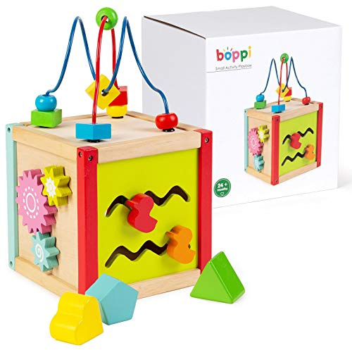 boppi Cubo de Actividades de Madera 5 en 1 Dos laberintos de Cuentas, Juguete sensorial para bebés con Reloj, Engranajes, puzle de Formas y Deslizamiento de Patos multifunción para Mayores de 2 años