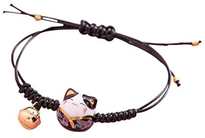 Happyyami Chat Chanceux Bracelet Mignon Feng Shui Maneki Neko Chaîne Bracelet Réglable Bonne Chance Chaîne Tressé Perles Cloche Poignet Chaîne Nouveau Année Danniversaire Mère Jour Cadeau