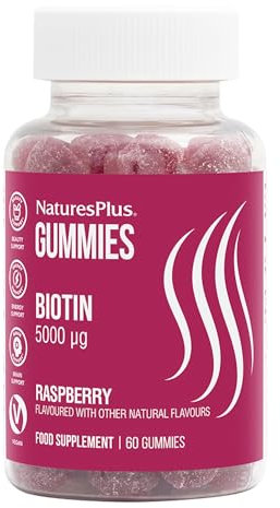 NaturesPlus Gummies Biotin 5000 mcg - Stronger Hair, Vibrant Skin, Brain, Metabolism, Immune, Energy Support - Vegan, Gluten Free, Raspberry Flavour - 60 Gummies