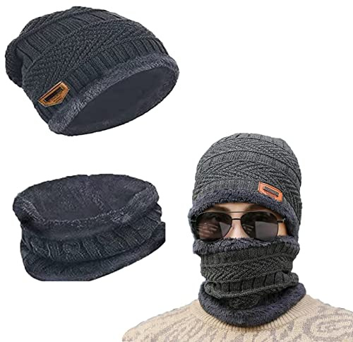 Tuofang Varm mössa för barn mössa och ögla halsduksset, barnhatt, vintertillbehör med fleecefoder, för 5-15 år gamla pojkar flickor, halsvärmare, stickad uppsättning, H grå, L, H grå, L