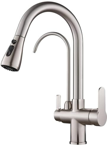 KEOKBON Brushed Nickel 3 Way tap with Spray Head for Kitchen Sink, 360° Rotating Pull Out Kitchen tap Drinking Water Faucet with UK Standard Fittings for Reverse Osmosis or Water Filtration System
