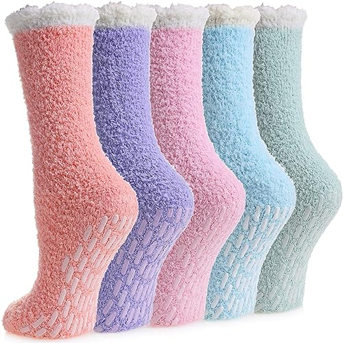 MQELONG Non Slip Hospital Socks with Grips for Women Winter Warm Cozy Fuzzy Slipper Soft Fluffy Sleep Socks (5 Pairs Light Colour Patchwork)