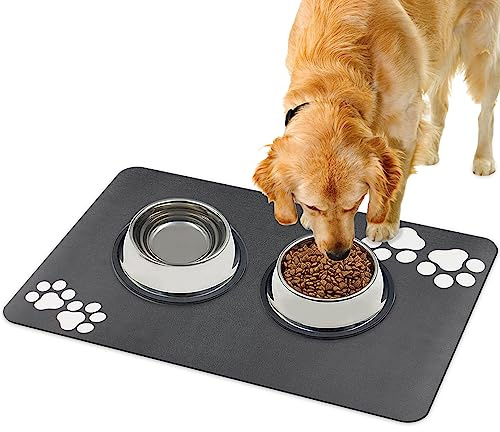 Lurowo Tapis de Nourriture pour Chien Tapis Gamelle Chien à Séchage Rapide Super Absorbant Lavable Tapis Antidérapant de Gamelle pour Chien Chat (Motif de Deux Paires de Pattes-Gris Foncé, 40x60cm)