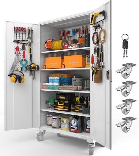 Upgraded Tall & Wide Metal Storage Cabinet with Doors & 4 Adjustable Shelves | Heavy-Duty Black Lockable Garage Cabinet with Wheels & Pegboard for Office, Gym, Basement, Warehouse (White)