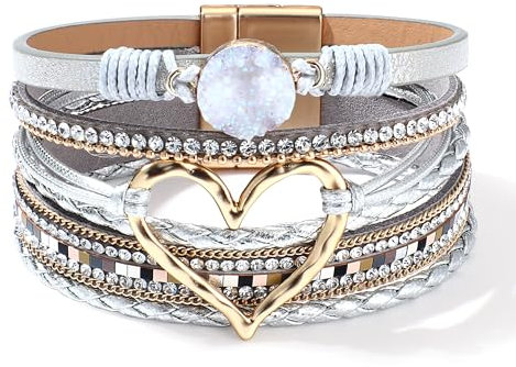 LOLIAS Lederarmband Damen Mädchen Boho Herz Armband Damen Leder Armbänder Perlenarmband Magnetverschluss Kette Frauen Armband Schwarz Wickelarmband Indianer Modeschmuck