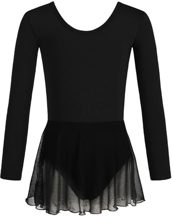 HIPPOSEUS Ragazza Vestito da Balletto Manica Lunga Tutu Body Danza Leotard per Balletto Bambina Vestito Ginnastica con Tulle Gonna,7024-Nero,10-11 anni