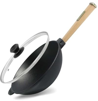 4BIG.fun Wok Padella Ø 24 cm 2,2 l in ghisa con manico in legno coperchio in vetro Asia wok padella induzione