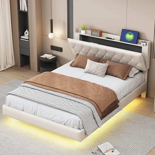Huayz Letto imbottito 140 x 200 cm con porta di ricarica USB e striscia luminosa a LED, letto matrimoniale in tessuto di lino delicato sulla pelle con rete a doghe, senza materasso (beige, 140 x 200