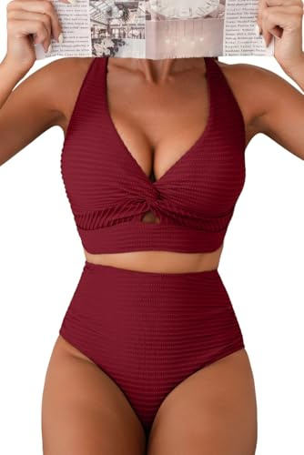 Herseas Women's Two Piece Bikini Sets Twist Front Crisscross Back V Neck Top Swim Suits 2026 Textured Burgundy Slimming Bathing Suits Flattering Beach Vacation Outfits Medium