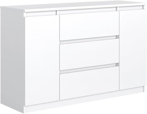 MebLocker Kommode mit 3 Schubladen 2 Schranktüren 140 cm Ideal für Wohnzimmer, Schlafzimmer, Kinderzimmer und Büro Moderne Elegante Lösung für stilvolle Aufbewahrung und Organisation (weiß)