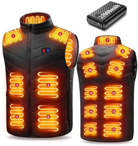 Wholede Gilet Chauffant pour Hommes et Femmes avec Batterie 27000 mAh/7,4 V, 17 Zones de Chauffage Veste Chauffante Électrique Thermique avec 3 Réglages de Température