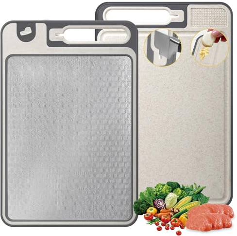 Doppelseitiges Schneidebrett Edelstahl, Lebensmittelechter 304 Edelstahl und Weizenstroh Schneidebrett für die Küche, 2-in-1 Küchenbretter für Fleisch und Gemüse, Kratzfestes Netzdesign - 37×25 cm