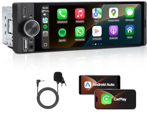 Autoradio 1 DIN, CarPlay Voiture & Android Auto sans Fil, Poste Radio Bluetooth Appels Main Libre, Écran Tactile, Navigation GPS, Contrôle Vocal, AUX/FM, MirrorLink, EQ (6,36 Pouces)