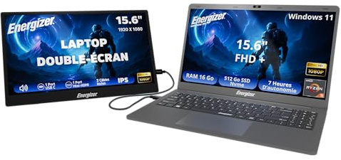 Energizer PACKCONFORT Pro 15 - PC Portable 15,6 HD+ AMD Ryzen 5 3.7GHz 16Go RAM, 512Go SSD Nvme Vega 8, Windows 11, AZERTY + Écran LCD 15,6 LCD Full HD 60Hz Laptop Double-écran