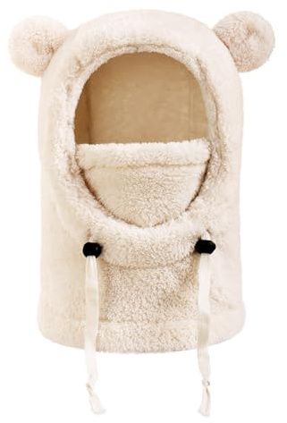 Kids Balaclava Winter Thermal Toddler Hat Warm Windproof Hooded Bear Hat Kids Scarf Children Soft Plush Full Cover Hats with Neck Warmer Boys Girls Fleece Balaclava Ski Hats for Hiking Cycling Beige