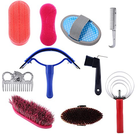 Generic Kit de Cuidado y Cuidado de Caballos, Cepillo Ecuestre Duradero, Juego de Herramientas de Peine de Curry para Caballos Hermosos, Regalo Ideal para Propietarios de, 10 Uds.