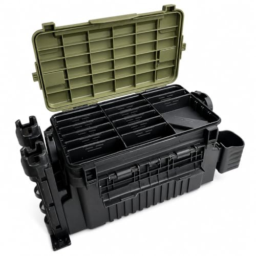 Caja de pesca grande de 11 L, de dos pisos, con dos soportes para cañas y portavasos, resistente a los golpes, de plástico para accesorios de pesca, caja de cebo